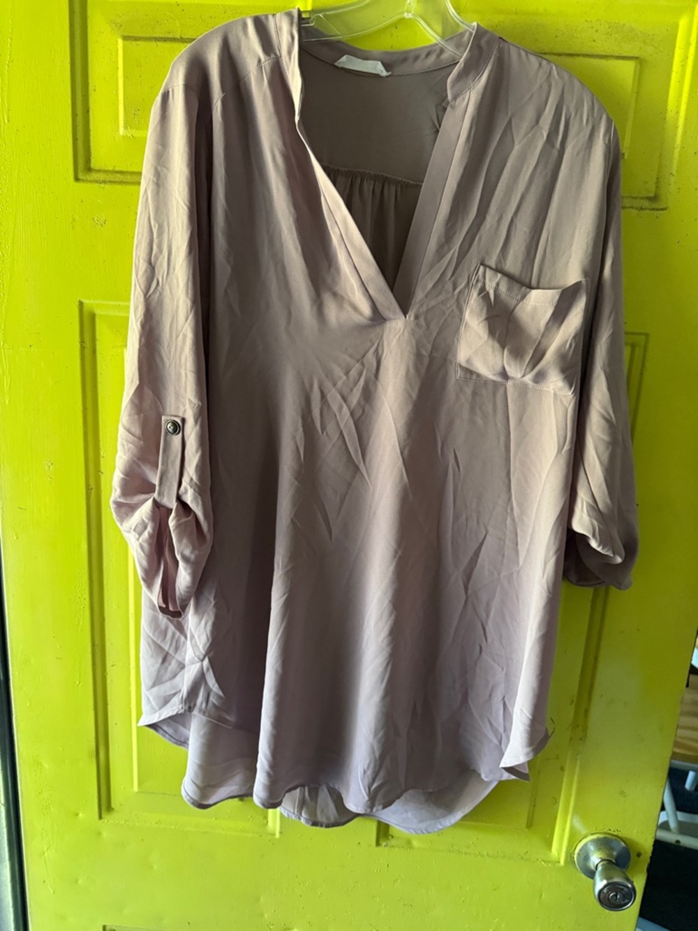 Lush V-Neck Roll-Tab Sleeve Tunic Top - Mauve